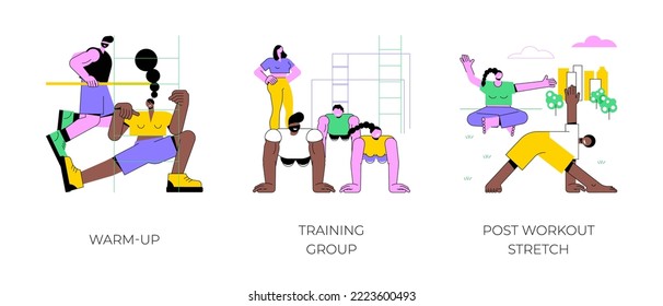 Training process isolated cartoon vector illustrations set. Warm-up before training, group workout with a fitness instructor, post workout stretch, athletic people active lifestyle vector cartoon.