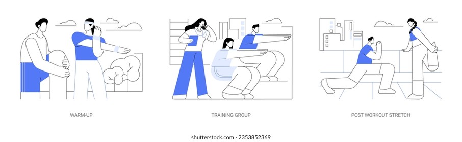 Training process isolated cartoon vector illustrations set. Warm-up before training, group workout with a fitness instructor, post workout stretch, athletic people active lifestyle vector cartoon.