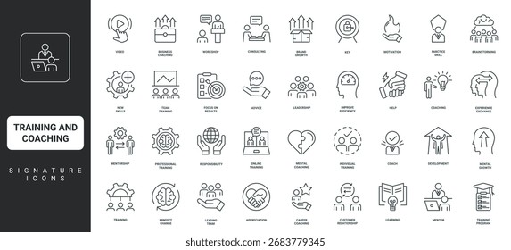Programa de treinamento, consultoria por mentor e treinador, foco em resultados finos símbolos de contorno preto vermelho ilustração vetorial Treinamento e treinamento, mentoreamento, aprendizagem para o desenvolvimento de habilidades conjunto de ícones de linha.