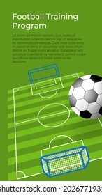 Training program for football players, education and improvement of skills, strategy and game tactics. Sportive competition. Lessons and courses, posters with information. Vector in flat style