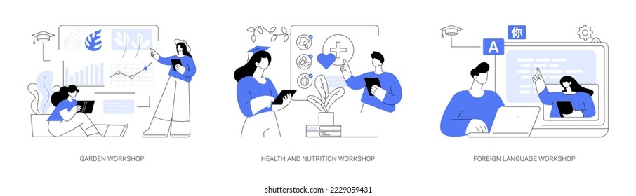 Training programs abstract concept vector illustration set. Garden, health and nutrition, foreign language workshops, native speaker course, landscape design, learn cooking abstract metaphor.