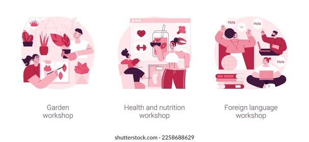 Training programs abstract concept vector illustration set. Garden, health and nutrition, foreign language workshops, native speaker course, landscape design, learn cooking abstract metaphor.