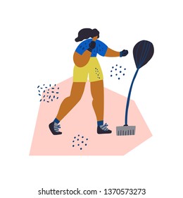 Training with punching bag hand drawn illustration. African american woman in boxing gloves cartoon character. Female boxer working out. Sport exercise drawing on white background