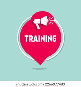 Diseño de etiquetas redondas de entrenamiento con megáfono. Plantilla de banner para negocios, publicidad. Diseño de vector plano.
