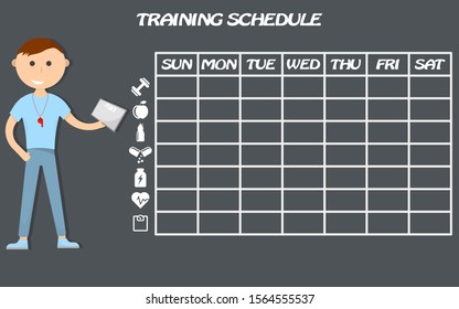 Training schedule. Wall poster for your individual workouts. Breakdown by day of the week. Vector illustration.