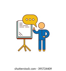 Training seminar concept. Speaker stands near the presentation board and holds seminar. Outline vector illustration.