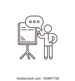 Training seminar concept. Speaker stands near the presentation board and holds seminar. Outline vector illustration.