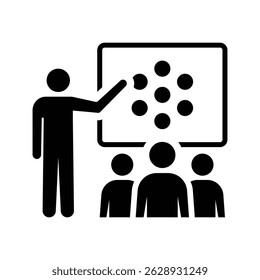 Training seminar icon illustration. Vector icon of a modern conference room layout with chairs and table. Suitable for apps, websites, and presentations.