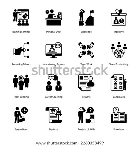 Training Seminar, Personal Desk, Challenge, Incentive, Recruiting Talents, Interviewing Process, Team Work, Team Productivity, Team Building, Career Coaching, 
 Glyph Icons - Solid, Vectors
