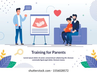 Training, Seminar in School for Future Parents Trendy Flat Vector Advertising Banner, Promo Poster Template. Happy Wife and Husband Waiting Childbirth Visiting Classes for Future Parents Illustration