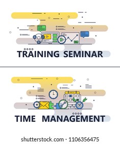 Training seminar and Time management template set. Vector thin line art flat style design elements with business education icons for website banners and printed materials.