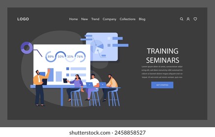 Training Seminars concept. Engaged instructor presents data insights as attentive employees learn, equipped with laptops. Productive learning atmosphere with visual aids. Flat vector illustration.