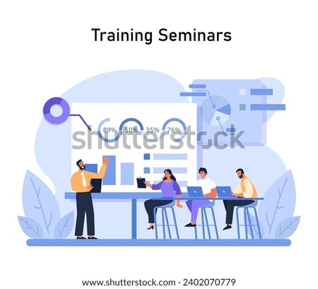Training Seminars concept. Engaged instructor presents data insights as attentive employees learn, equipped with laptops. Productive learning atmosphere with visual aids. Flat vector illustration.