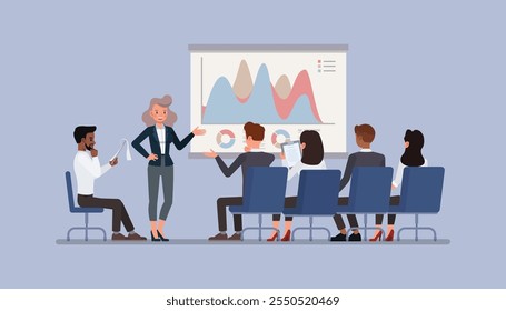 Training session with a corporate trainer presenting to a group of new employees character vector illustration design.