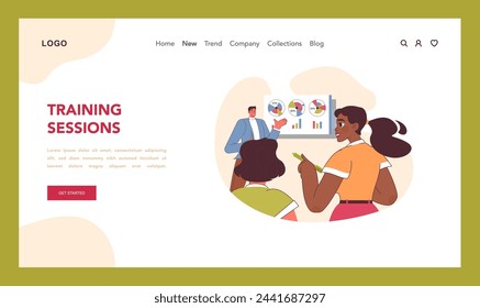 Training Sessions concept. A group actively engages with an instructor during a professional development workshop, highlighting analytics and performance. Flat vector illustration