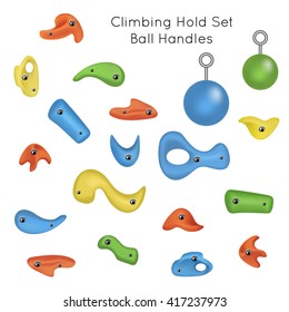 Training set. Colorful climbing grips, climbing holds, crimps, jugs, incuts, pinches, slopers, ball handles for bouldering and climbing wall. Isolated on white. vector illustration