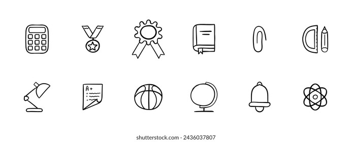 Training set icon. Calculator, medal, award, book, paper clip, ruler, pencil, lamp, five plus, basketball, sports, globe, physics. Ideal student concept. Vector line icon on white background.