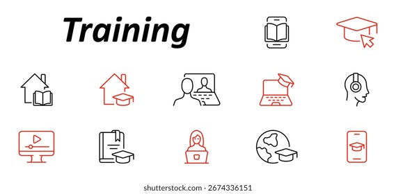 Icono de conjunto de entrenamiento. Video Hogar, computadora, computadora portátil, móvil, libro, gorra de graduación, auriculares, pantalla, cuaderno, usuario y Elementos de globo que indican herramientas y plataformas de educación en línea.