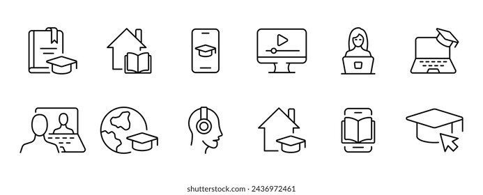 Training set icon. Student cap, book with bookmark, online learning, watching videos, lectures, laptop, teacher, headphones, studying at home, book on the phone, online courses. Vector line icon.