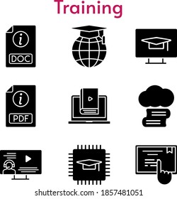 training set. included cloud library, chip, pdf, instructor, school, learn, doc, touchscreen, student-desktop icons. filled styles.