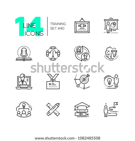 Training - set of line design style icons isolated on white background. Minimalistic black pictograms. Certificate, presentation, badge, ideas, inspiration, learning, targeting
