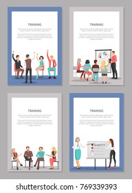 Training set of posters with people taking part in competitions, making report at conference, chatting at psychological meetings vector illustrations