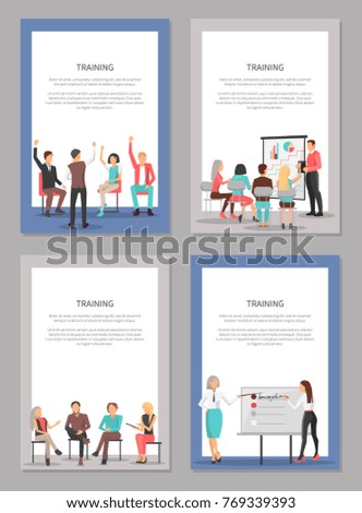 Training set of posters with people taking part in competitions, making report at conference, chatting at psychological meetings vector illustrations