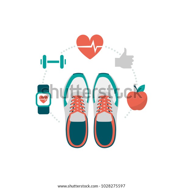 Training shoes and fitness icons: healthy\
lifestyle and workout\
concept