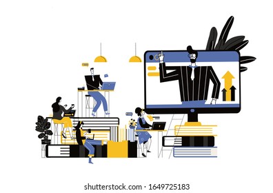 Training skills enhancement,Online training courses for employees, people sit at a conference and look at the big screen,analysis of infographics. Flat style vector illustration