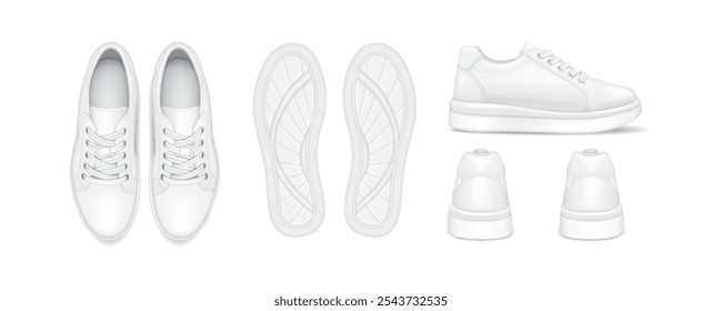 Las zapatillas de deporte de entrenamiento diseñan un conjunto de Ilustración vectorial realista. Zapatos atléticos para correr modelos integrales de la visión 3d en el fondo blanco