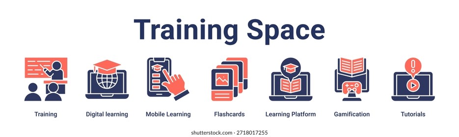 Espaço de treinamento banner web icon vetor ilustração conceito para educação com ícone de treinamento, aprendizagem digital, aprendizagem móvel, cartões de flash, plataforma de aprendizagem, gamificação.