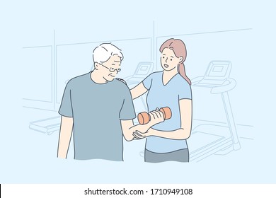 Training, sport, fitness, support concept. Cartoon characters Young happy woman girl coach help old man senior citizen pensioner with workout at gym. Sport recreation and active healthy lifestyle.