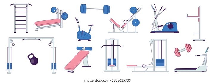 Training sport machines. Fitness equipment with barbells, dumbbells and mats, runner cycling bike and running cross trainer. Vector set. Physical activities, objects for workout and exercises