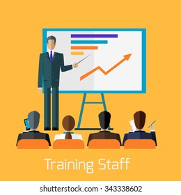 Training Staff Briefing Presentation. Staff Meeting, Staffing And Corporate Training, Employee Training, Mentor And People, Business Seminar, Meeting Group Illustration