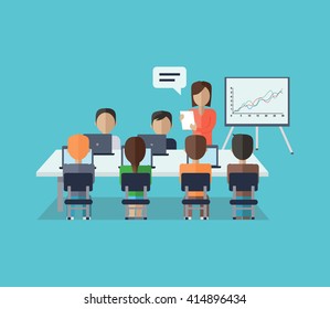 Training staff briefing presentation. Staffing and corporate training, employee seminar, mentor and people, business seminar, meeting group illustration. Woman near board with carts and graphs