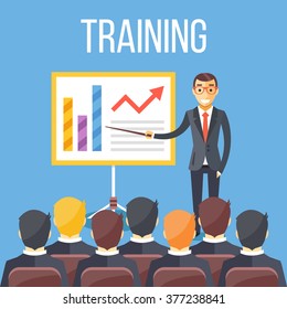 Training Staff, Business Presentation, Meeting, Financial Report, Business School. Flat Illustration. Modern Flat Design For Websites, Web Banner, Infographics, Printed Materials. Vector Illustration