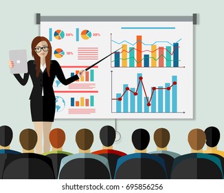 Training staff, business presentation, meeting, financial report, business school. Flat illustration. Modern flat design for websites, web banner, infographics, printed materials. Vector illustration