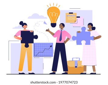 Training staff to increase sales and skills. Team thinking, brainstorming. Analytics of company information. Flat abstract metaphor cartoon vector illustration concept. Isolated on white background