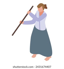 Training stick aikido icon isometric vector. Martial art. Exercise sport uniform