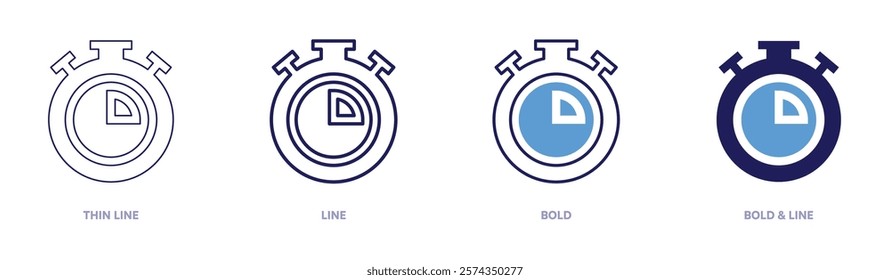 Training stopwatch icon in 4 different styles. Thin Line, Line, Bold, and Bold Line. Duotone style. Editable stroke.