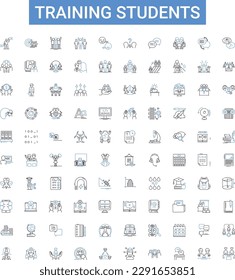 Training students outline icons collection. Train, Students, Instruct, Educate, Tutor, Coach, Discipline vector illustration set. Develop, Skills, Teach line signs