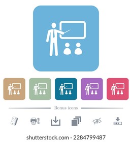 Entrenamiento con los alumnos con iconos planos blancos en los fondos cuadrados redondeados de color. 6 iconos de bonificación incluidos