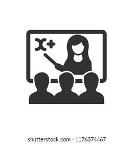 training. the teacher explains to a group of people at the blackboard. monochrome icon