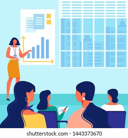 Training Teacher Shows Hand on Schedule. Speak to Audience. Business Training for Women. Vector Illustration. Woman Holds Lecture. Standing in front Audience. Woman Business Clothes in Conference Hall