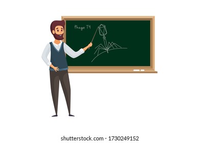 Formación, enseñanza, concepto educativo. Personaje de caricatura del profesor de feliz hombre explicando el nuevo tema cerca de la pizarra. Ilustración del conocimiento, escuela o universidad.