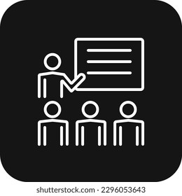 Icono de Entrenamiento de trabajo en equipo y administración con estilo de línea rellena en negro. seminario, conferencia, comunicación, educación, presentación, enseñanza, reunión. Ilustración del vector