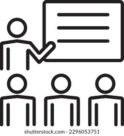 Icono de Formación de trabajo en equipo y administración con estilo de contorno negro. seminario, conferencia, comunicación, educación, presentación, enseñanza, reunión. Ilustración del vector