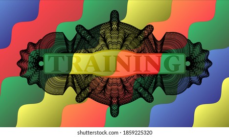 Training text inside Linear currency Colorful multicolored badge. Curvy handsome background. Vector illustration. 