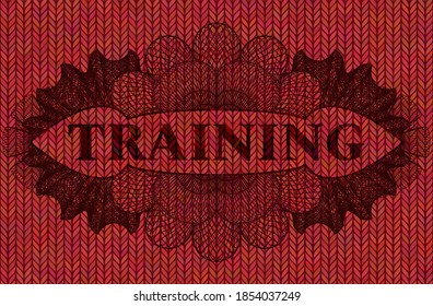 Training text inside Linear Red color woolen fabric badge. Cloth classic background. Illustration. 
