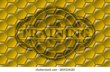 Training text inside sweet honey realistic badge. beekeeping luxurious background. Intense illustration. 